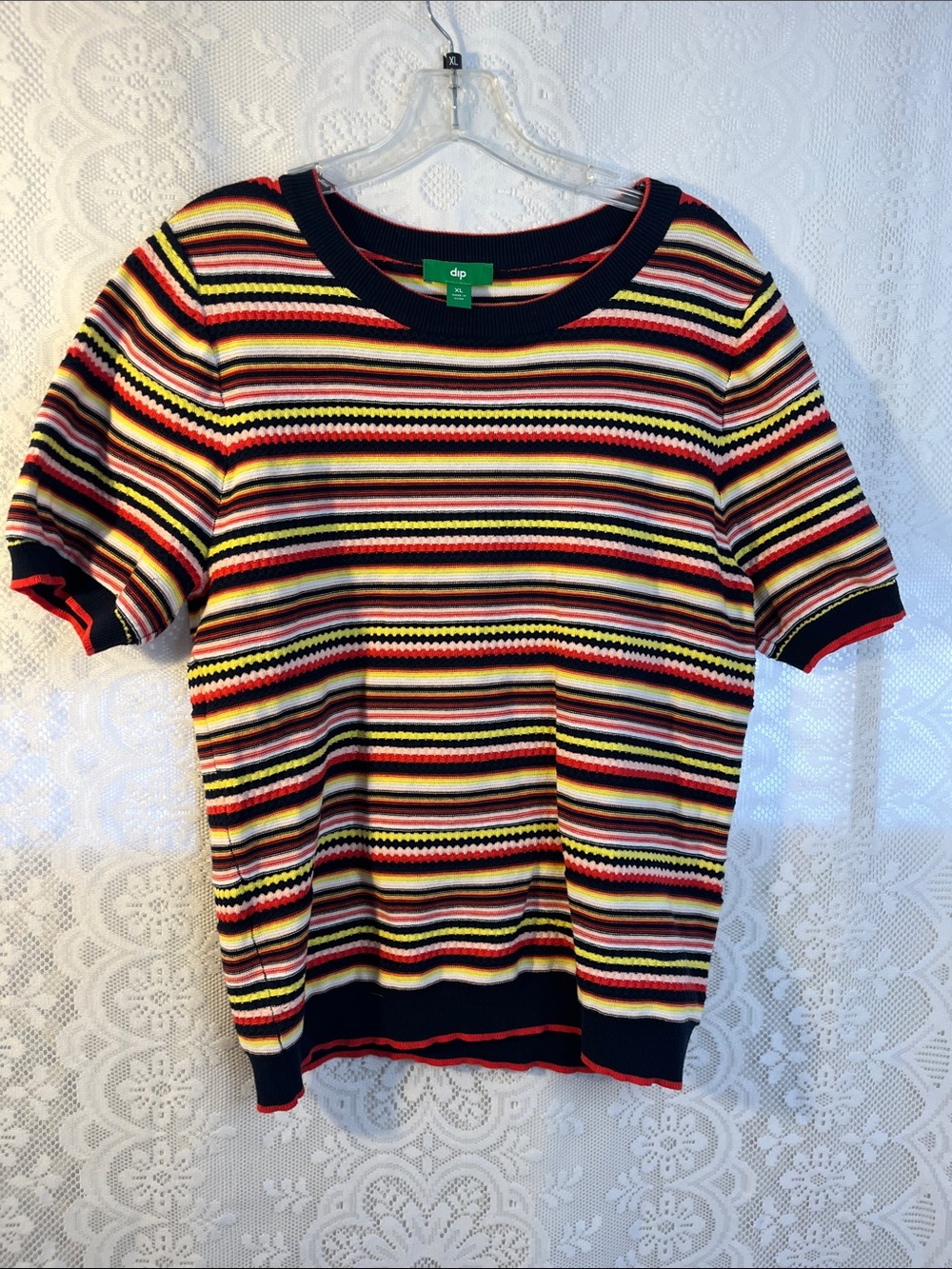 😻5for$15😻 Dip Multicolor Striped Short Sleeve Knit Top - Navy Trim NWOT XL